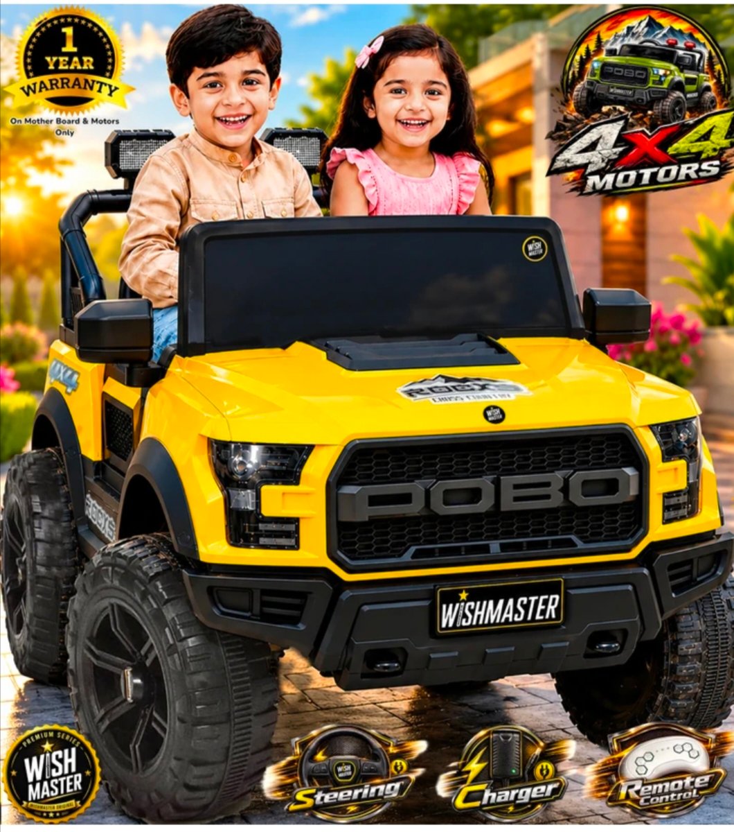 Pobo Kids Driving EV Car For 1-8 Years 4 Motor All Wheel Drive Jeep Battery Operated Ride On (Yellow)
